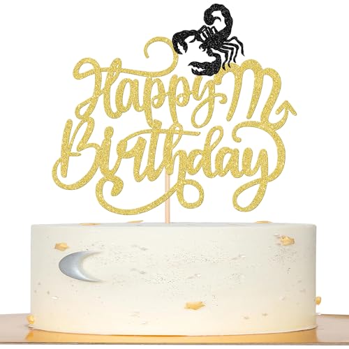 1 Stück Skorpion Tortendeko Glitter Happy Birthday Cake Topper 12 Sternbild Skorpion Kuchen Deko für Oktober November Horoskop Astrologie Geburtstag Party Kuchen Dekoration Gold Schwarz von SYKYCTCY