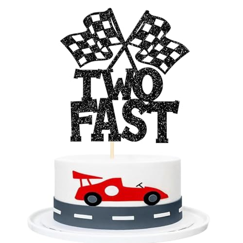 1 Stück Two Fast Geburtstag Cake Topper Schwarz Glitzer Karierter Flagge Tortendeko Rennwagen 2nd Geburtstag Kuchen Deko für Jungen Mädchen Kinder Zweiten Geburtstag Party Kuchen Dekorationen von SYKYCTCY