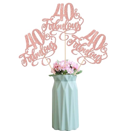 12 Stück 40 & Fabulous Tortendeko Glitzer Forty and Fabluous 40th Assembled Geburtstag Tischblume Tafelaufsatz Sticks für Cheers to 40 Jahre alt Kuchen Deko Geburtstag Party Cupcake Toppers Rosegold von SYKYCTCY