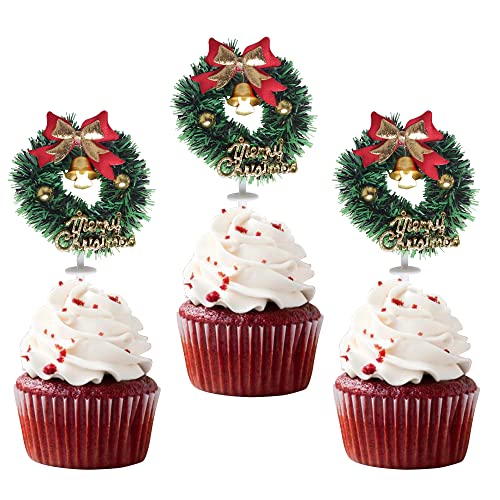 12 Stück Merry Christmas Cupcake Toppers Grünes Gras Kreis mit Glocke Cupcake Picks Dekorationen fröhliche Weihnachten Thema Neujahr Urlaub Party Kuchen Dekoendeko von SYKYCTCY