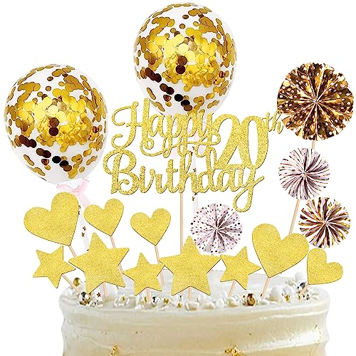 17 Stück 20th Happy Birthday Geburtstag Tortendeko Twenty Jahre alt Kuchen Deko mit Glitzer Sterne Liebe Luftballons Papierfächer Cake Toppers für 20 Jahre alt Geburtstag Party Tortendeko Gold von SYKYCTCY