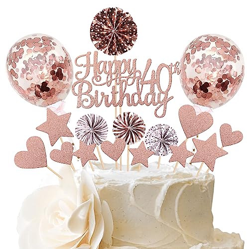 17 Stück 40th Happy Birthday Geburtstag Tortendeko Forty Jahre alt Kuchen Deko mit Glitzer Sterne Liebe Luftballons Papierfächer Cake Toppers für 40 Jahre alt Geburtstag Party Tortendeko Rosegold von SYKYCTCY