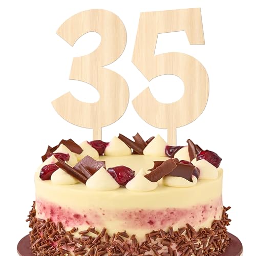 2 Stück Holz 35th Tortendeko Mann Frau 35 Jahre alt Geburtstag Kuchen Deko Prost auf 35th Party Cake Toppers für 35th Geburtstag Jahrestag Hochzeit Thema Party Kuchen Dekorationen von SYKYCTCY