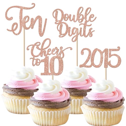 24 Stück 10. Geburtstag Cupcake Toppers Glitter Zehn seit 2015 Double Digits 10 Cupcake Picks Hallo 10 Jahre Geburtstagskuchen Dekorationen für alles Gute zum 10. Geburtstag Jubiläum Party Roségold von SYKYCTCY