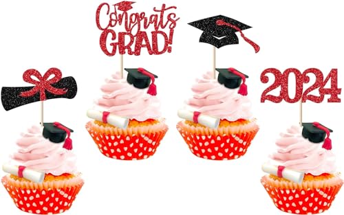 24 Stück 2024 Abschluss Tortendeko Glitzer Class of 2024 Cupcake Toppers Diplom Done Congrats Grad 2024 Kuchen Deko für 2024 Absolvent Thema Party Kuchen Dekoration Schwarz Rot von SYKYCTCY