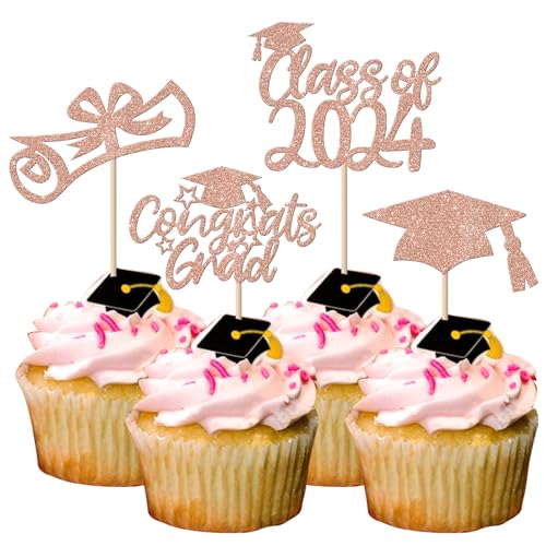 24 Stück 2024 Abschluss Tortendeko Glitzer Class of 2024 Diploma Grad Cap Kuchen Deko 2024 Graduation Cupcake Toppers für Schule 2024 Absolvent Thema Party Kuchen Dekoration Rosegold von SYKYCTCY