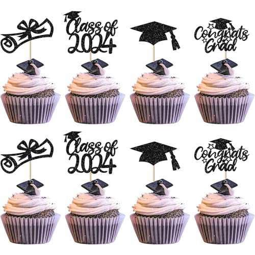 24 Stück 2024 Abschluss Tortendeko Glitzer Class of 2024 Diploma Grad Cap Kuchen Deko 2024 Graduation Cupcake Toppers für Schule 2024 Absolvent Thema Party Kuchen Dekoration Schwarz von SYKYCTCY