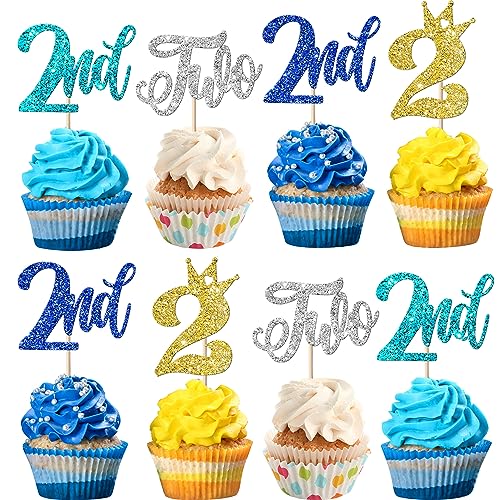 24 Stück 2nd Geburtstag Cupcake Toppers Glitzer Zweite Geburtstag Tortendeko Two Kuchen Deko mit Crown Happy Birthday Kuchen Dekorationen für Baby Dusche Jahrestag Party Neu Buntes von SYKYCTCY