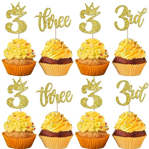 24 Stück 3rd Geburtstag Cupcake Toppers Glitzer Dritte Geburtstag Tortendeko Three Kuchen Deko mit Crown Happy Birthday Kuchen Dekorationen für Baby Dusche Dritte Jahrestag Party Gold von SYKYCTCY