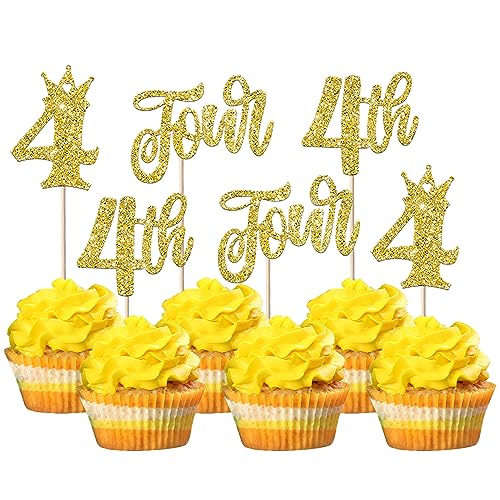 24 Stück 4th Geburtstag Cupcake Toppers Glitzer Vierte Geburtstag Tortendeko Four Kuchen Deko mit Crown Happy Birthday Kuchen Dekorationen für Baby Dusche Vierte Jahrestag Party Gold von SYKYCTCY