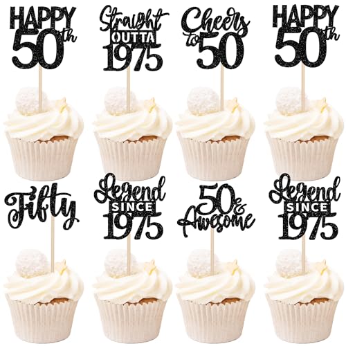 24 Stück 50th Geburtstag Tortendeko Glitzer Straight Outta 1975 Cupcake Toppers Fifty Happy 50th Kuchen Deko für Prost auf 50 Jahre Geburtstag Hochzeit Jahrestag Party Kuchen Dekoration Schwarz von SYKYCTCY