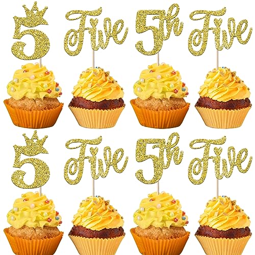 24 Stück 5th Geburtstag Cupcake Toppers Glitzer Fünfte Geburtstag Tortendeko Five Kuchen Deko mit Crown Happy Birthday Kuchen Dekorationen für Baby Dusche Fünfte Jahrestag Party Gold von SYKYCTCY