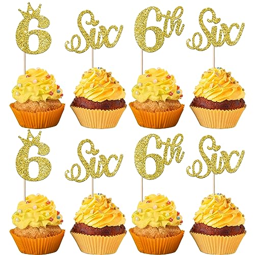 24 Stück 6th Geburtstag Cupcake Toppers Glitzer Sechste Geburtstag Tortendeko Six Kuchen Deko mit Crown Happy Birthday Kuchen Dekorationen für Baby Dusche Sechste Jahrestag Party Gold von SYKYCTCY