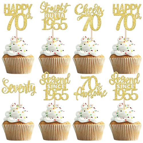 24 Stück 70th Geburtstag Cupcake Toppers Glitzer Straight Outta 1955 Kuchen Deko Happy 70th Tortendeko für Prost auf 70 Jahre Geburtstag Hochzeit Jahrestag Party Kuchen Dekoration Gold von SYKYCTCY