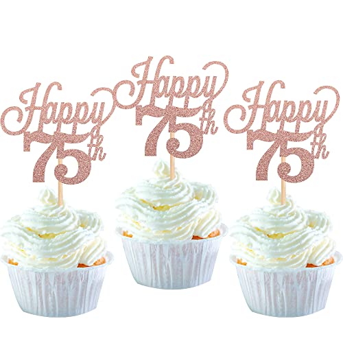 24 Stück 75 Cupcake Toppers Glitter"Happy 75th Birthday" Kuchen Topper Nummer 75 Achtzehn Sweet 75 Geburtstag Hochzeitstag Party Kuchen Dekorationen Zubehör Rose Gold von SYKYCTCY