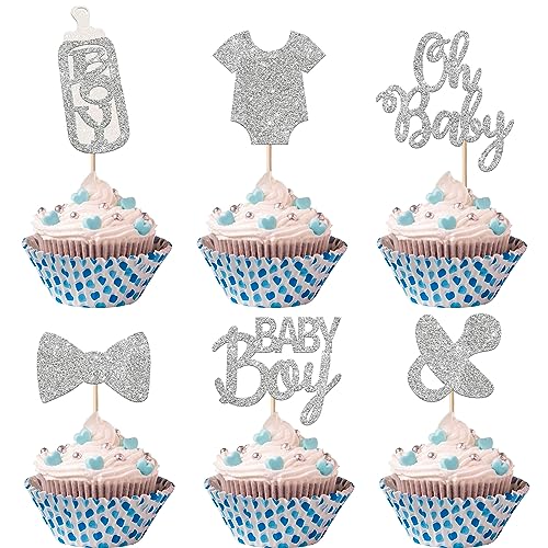 24 Stück Baby Boy Tortendeko Glitzer Schnuller Onesie Jumpsuit Schleife Gender Reveal Oh Baby Cupcke Toppers Welcome Baby Dusche Kuchen Dekorationen für Baby Boy Geburtstag Thema Party Silber von SYKYCTCY