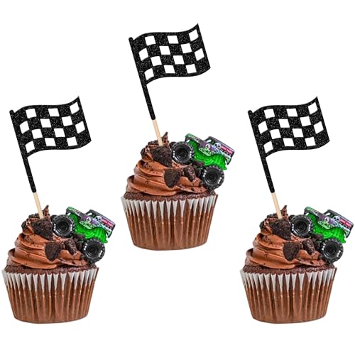 24 Stück Motorrad Happy Birthday Cake Topper Glitzer Motocross Dirt Bike Tortendeko Rennfahrzeug Kuchen Deko für Mann Junge Geburtstag Party Kuchen Dekoration Schwarz von SYKYCTCY