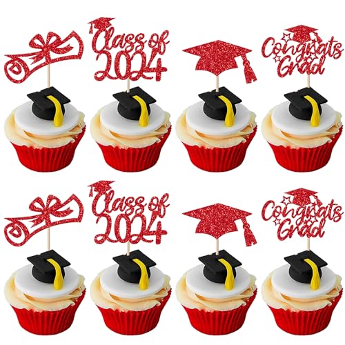 24 Stück Class of 2024 Tortendeko Glitzer Abschluss Cupcake Toppers 2024 Diploma Grad Cap Kuchen Deko für Schule 2024 Absolvent Thema Party Kuchen Dekoration Rot von SYKYCTCY