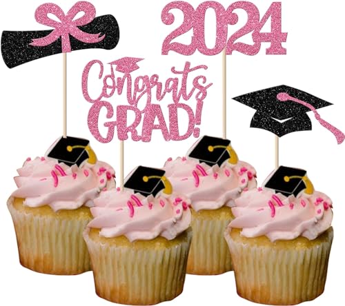 24 Stück Class of 2024 Tortendeko Glitzer Congrats Grad 2024 Done Diploma Kuchen Deko 2024 Abschluss Cupcake Toppers for 2024 Absolvent Thema Party Kuchen Dekoration Schwarz Rosa von SYKYCTCY