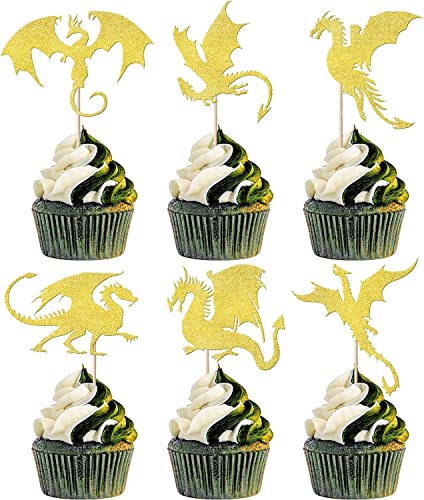 24 Stück Drachen Tortendeko Glitter Fantasie Geburtstag Cake Toppers für Fliegende Drachen Thema Baby Dusche Kinder Geburtstag Party Kuchen Dekorationen Zubehör Gold von SYKYCTCY