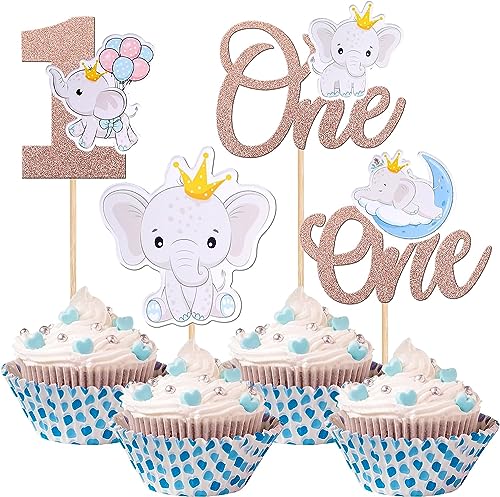 24 Stück Elefant One Tortendeko Elephant Happy 1st Cupcake Toppers Tiere Themen Kuchen Deko Erster Geburtstag Cupcake Picks für Kinder Jungen Mädchen Baby 1. Geburtstag Party Rosegold von SYKYCTCY