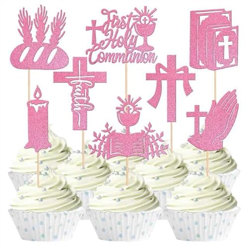 24 Stück Erste Heilige Kommunion Tortendeko Glitter Kreuz Bibel Cupcake Toppers Engel Gott segnen Cupcake Picks Kuchen Deko für Erste Kommunion Taufe Religion Thema Geburtstag Party Supplies Blau von SYKYCTCY