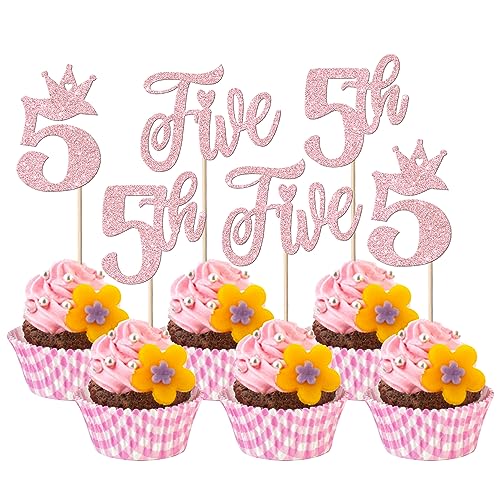 24 Stück Five Geburtstag Tortendeko Glitzer Happy 5th Geburtstag Cupcake Toppers Crown Happy Geburtstag Kuchen Deko für Baby-Dusche Fünfte Geburtstag Party Kuchen Dekorationen Rosa von SYKYCTCY