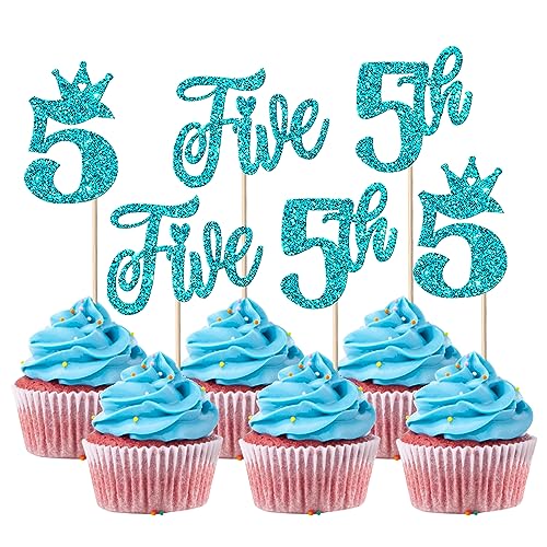 24 Stück Five Geburtstag Tortendeko Glitzer Happy 5th Geburtstag Cupcake Toppers Crown Happy Geburtstag Kuchen Deko für Fünfte Geburtstag Party Kuchen Dekorationen Blau von SYKYCTCY