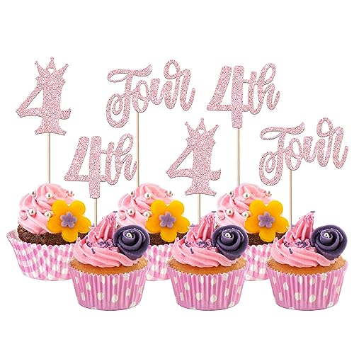 24 Stück Four Geburtstag Tortendeko Glitzer Happy 4th Geburtstag Cupcake Toppers Crown Happy Geburtstag Kuchen Deko für Baby-Dusche Vierte Geburtstag Party Kuchen Dekorationen Rosa von SYKYCTCY