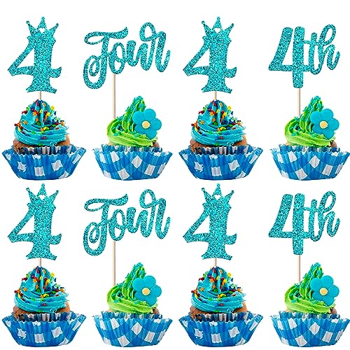 24 Stück Four Geburtstag Tortendeko Glitzer Happy 4th Geburtstag Cupcake Toppers Crown Happy Geburtstag Kuchen Deko für Vierte Geburtstag Party Kuchen Dekorationen Blau von SYKYCTCY