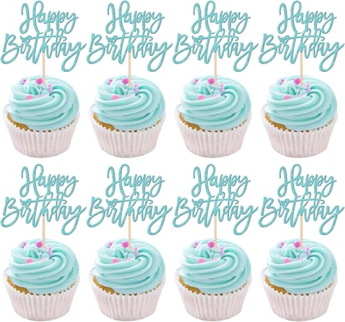 24 Stück Geburtstag Kuchen Deko Glitzer Happy Birthday Cupcake Toppers Geburtstag Tortendeko Gute zum Geburtstag Kuchen Deko für Geburtstag Jahrestag Thema Party Kuchen Dekorationen Hellblau von SYKYCTCY