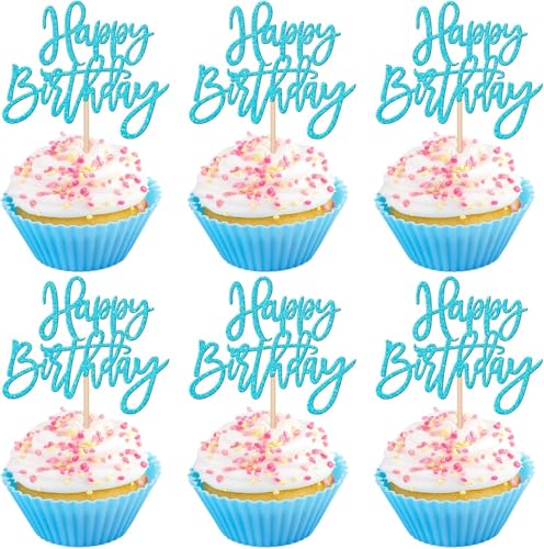 24 Stück Geburtstag Tortendeko Glitzer Happy Birthday Cupcake Toppers Gute zum Geburtstag Kuchen Deko für Geburtstag Jahrestag Thema Party Kuchen Dekorationen Seeblau von SYKYCTCY