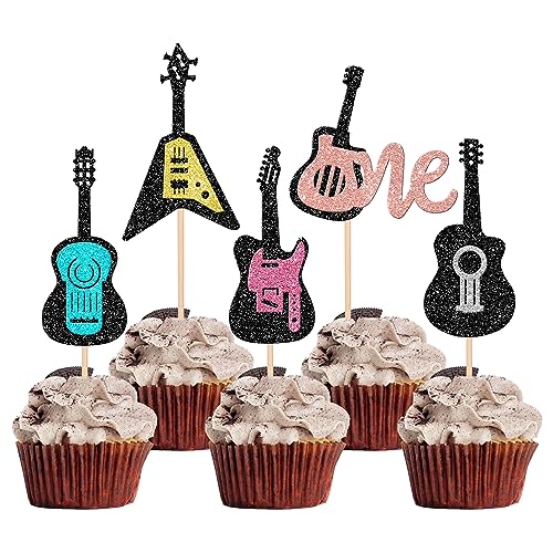 30 Stück Gitarre One Tortendeko Glitzer Guitar Felsen Cupcake Toppers Musikalisch Instrument Kuchen Deko Erste Geburtstag Torte Dekorationen für 1. Geburtstag Baby Dusche Thema Geburtstag Party von SYKYCTCY