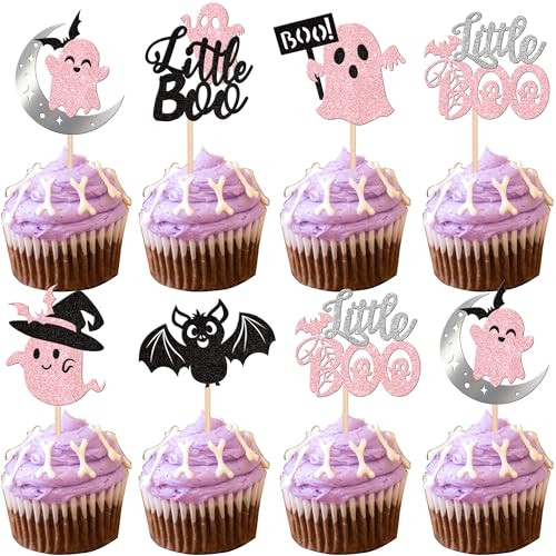 24 Stück Halloween Cupcake Toppers Bat Little Boo Ghost Tortendeko für Happy Halloween Thema Party Baby Dusche Geburtstag Party Kuchen Dekorationen Rosa Schwarz von SYKYCTCY