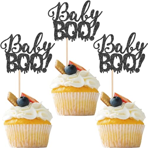 24 Stück Halloween Cupcake Toppers Glitzer Baby Boo Tortendeko für Happy Halloween Thema Party Kuchen Deko Baby Dusche Geburtstag Party Kuchen Dekorationen von SYKYCTCY