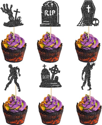 24 Stück Halloween Tortendeko Grabstein Zombie Grauenhaft Cupcake Toppers Grabstein Skelett Zombie Kuchen Deko für Happy Halloween Thema Geburtstag Party Kuchen Dekorationen Schwarz von SYKYCTCY