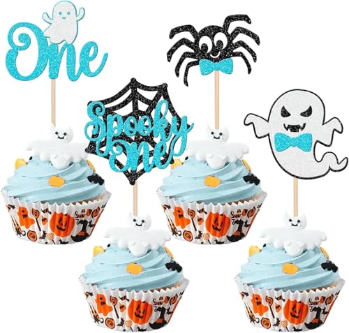 24 Stück Halloween Tortendeko Spooky One Cupcake Toppers Ghost Spinne Kuchen Deko für Happy Halloween Thema Kinder Ein Jahr Geburtstag Party Kuchen Dekorationen Blau von SYKYCTCY