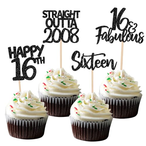 24 Stück Happy 16th Tortendeko Straight Outta 2008 Sixteen Cupcake Toppers Awesome Since 2008 Fabulous 16 Kuchen Deko for 16th Geburtstag Jahrestag Party Kuchen Dekoration Schwarz von SYKYCTCY