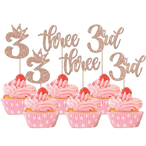 24 Stück Happy 3rd Geburtstag Cupcke Toppers Glitzer Dritte Geburtstag Tortendeko Crown Three Geburtstag Kuchen Deko für Baby-Dusche Dritte Geburtstag Party Kuchen Dekorationen Rosegold von SYKYCTCY