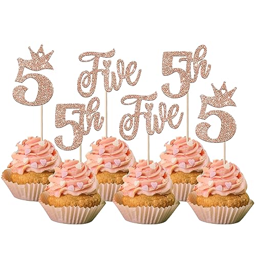 24 Stück Happy 5th Geburtstag Cupcke Toppers Glitzer Fünfte Geburtstag Tortendeko Crown Five Geburtstag Kuchen Deko für Baby-Dusche Fünfte Geburtstag Party Kuchen Dekorationen Rosegold von SYKYCTCY