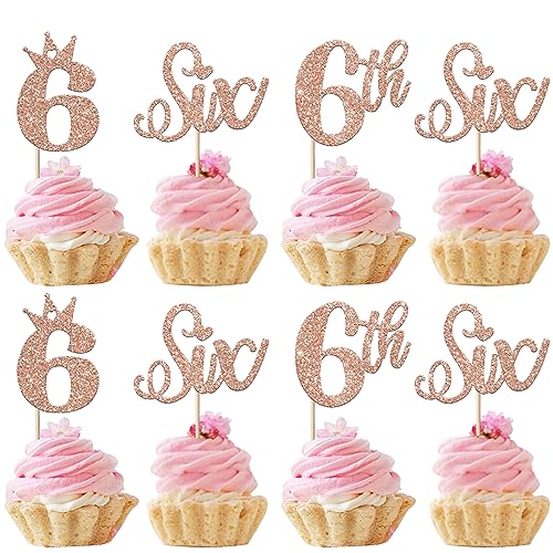 24 Stück Happy 6th Geburtstag Cupcke Toppers Glitzer Sechste Geburtstag Tortendeko Crown Six Geburtstag Kuchen Deko für Baby-Dusche Sechste Geburtstag Party Kuchen Dekorationen Rosegold von SYKYCTCY