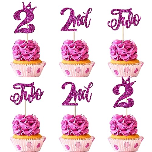 24 Stück Happy Birhtday Cupcake Toppers Glitzer Happy 2nd Geburtstag Tortendeko für Crown Two Geburtstag Cupcake Picks Zweite Geburtstag Kuchen Dekorationen für Baby Dusche Jahrestag Party Rose Rot von SYKYCTCY