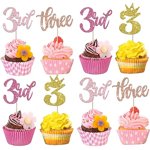 24 Stück Happy Birhtday Cupcake Toppers Glitzer Happy 3rd Geburtstag Tortendeko für Crown Three Geburtstag Cupcake Picks Dritte Geburtstag Kuchen Dekorationen für Baby Dusche Jahrestag Party Buntes von SYKYCTCY