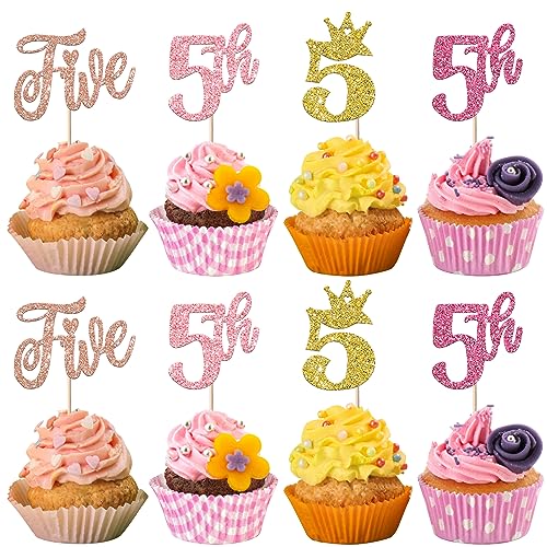 24 Stück Happy Birhtday Cupcake Toppers Glitzer Happy 5th Geburtstag Tortendeko für Crown Five Geburtstag Cupcake Picks Fünfte Geburtstag Kuchen Dekorationen für Baby Dusche Jahrestag Party Buntes von SYKYCTCY