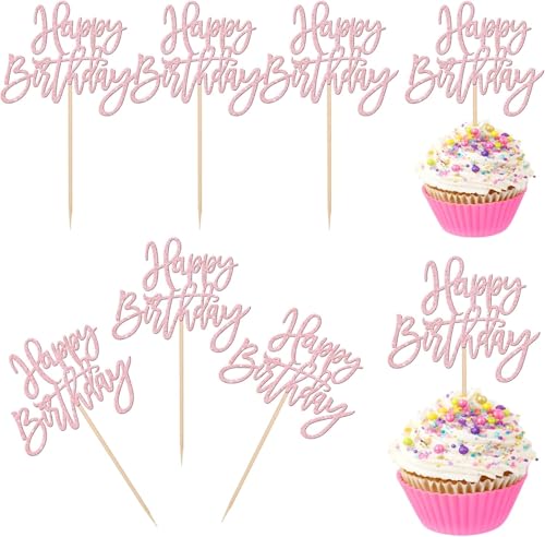 24 Stück Happy Birthday Cupcake Toppers Glitzer Geburtstag Tortendeko Gute zum Geburtstag Kuchen Deko für Geburtstag Jahrestag Thema Party Kuchen Dekorationen Hellrosa von SYKYCTCY