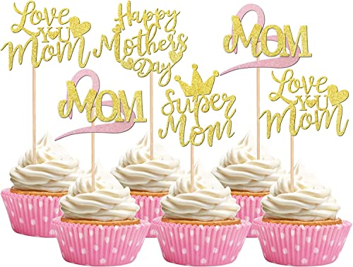 24 Stück Happy Mother's Day Cupcake Toppers, Glitter Herz Super Mom Love You Mom Tortendeko Deko Kuchen für glückliche Muttertag Thema Frauen Geburtstag Party Kuchen Dekorationen Zubehör Gold von SYKYCTCY