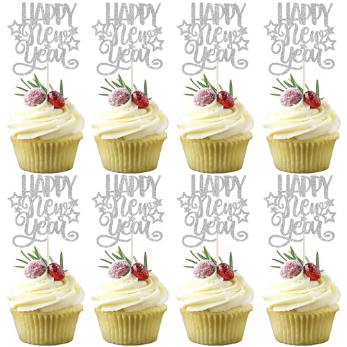 24 Stück Happy New Year Tortendeko Glitzer Hallo 2025 Cupcake Toppers 2025 Gutes neues Jahr Kuchen Deko für Willkommen 2025 Frohes Neues Jahr Party Torten Dekoration Silber von SYKYCTCY