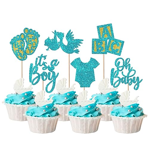 24 Stück It's a Boy Tortendeko Glitzer Strampler Jumpsuit Schwan Cupcake Toppers mit Buchstabe Oh Baby Kuchen Deko Geschlecht Reveal Kuchen Dekorationen für Baby Junge Geburtstag Thema Party Blau von SYKYCTCY