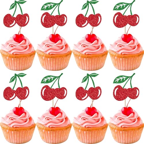 24 Stück Kirsche Tortendeko Glitzer Rote Kirsche Cupcake Toppers Obst Kirsche Kuchen Deko für Kirsche Thema Baby Dusche Braut Dusche Geburtstag Party Kuchen Dekorationen von SYKYCTCY