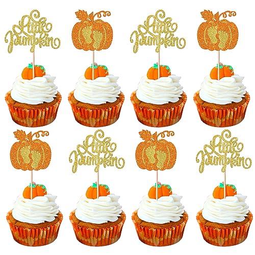 24 Stück Little Pumpkin Tortendeko Glitzer Kürbis Cupcke Toppers Thanksgiving Baby Dusche Kuchen Deko für Herbst Ernte Baby Kinder Geburtstag Party Cupcake Dekorationen Orange von SYKYCTCY